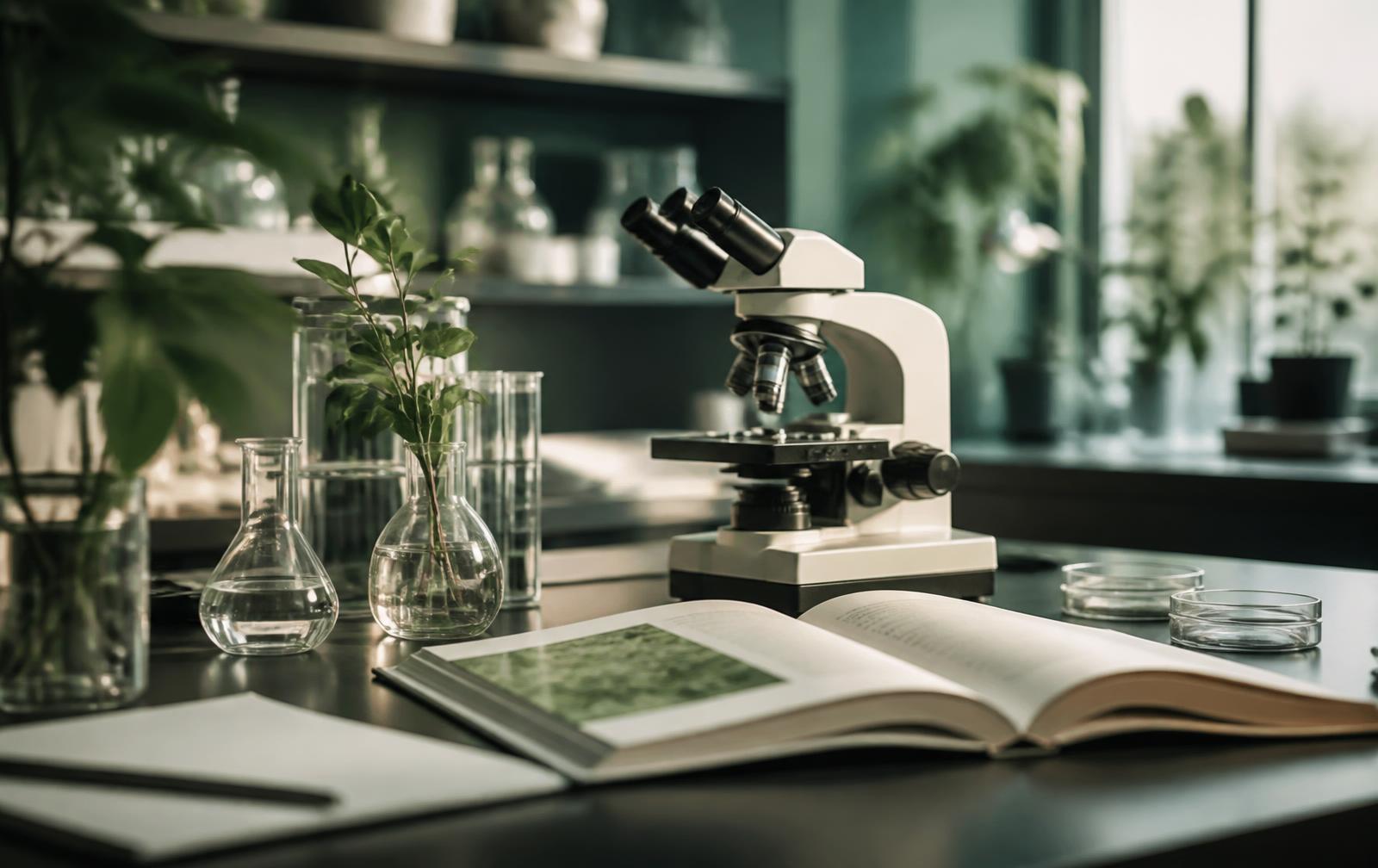 Research laboratory bench with a microscope and an open scientific journal